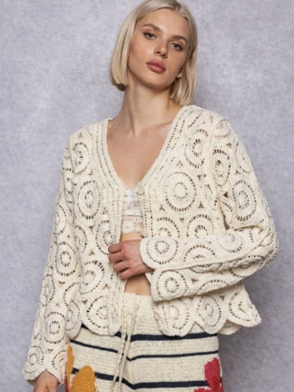 NEW POL Crochet Cardigan Cream Boho Cotton Knit Button Front Sweater Cottagecore